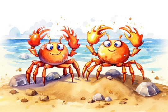 cute crabs travelling on the beach. oil painting, tshirt, sublimation printing. Watercolour Paint. Generative AI