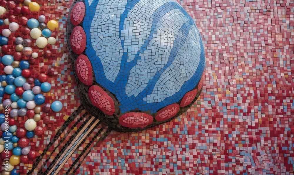 Poster a mosaic rock with a blue and red design on it's face and a stream of colorful balls on the ground n