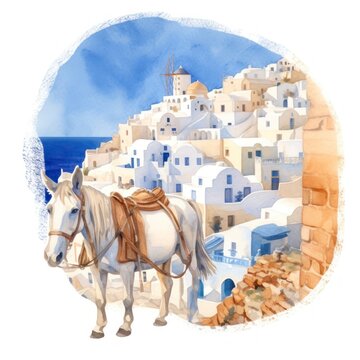 Greece, santorini watercolour artistic work. the island of santorini and a cute donkey. oil painting, water color, generative AI