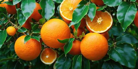 Oranges with leaves as a background, top view.