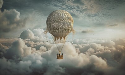  a hot air balloon flying in the sky with clouds around it and a man inside it, with a sky background and clouds around it.  generative ai