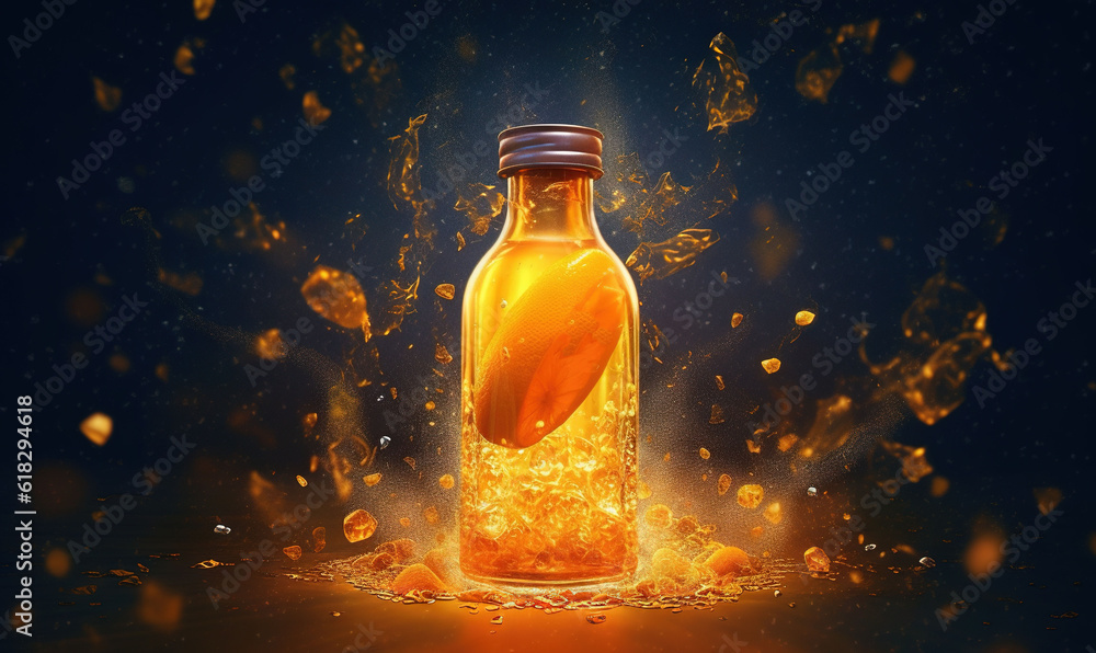 Poster a bottle of liquid with a piece of bread in it and a light coming out of the top of the bottle with 