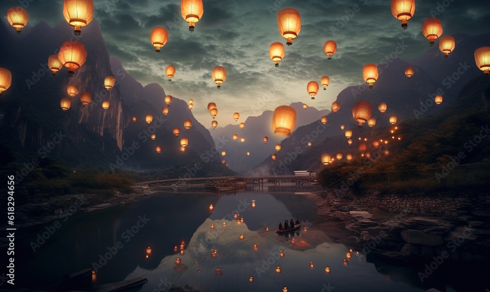 Poster a river filled with lots of lanterns floating in the sky above a mountain range at night time with a
