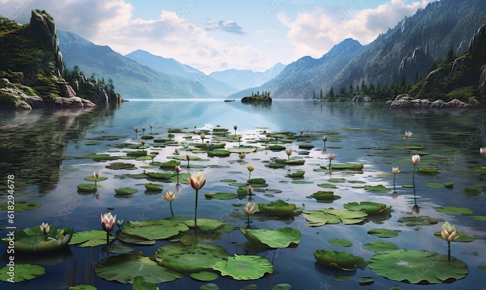 Poster a painting of water lilies in a lake with mountains in the background and a blue sky with clouds in 