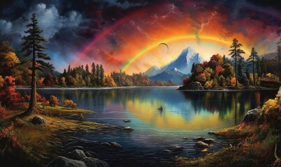  a painting of a lake with a rainbow in the sky and a boat in the water with a rainbow in the sky and mountains in the background.  generative ai