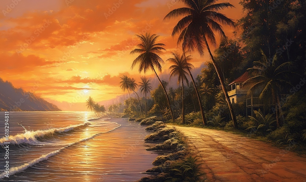 Poster a painting of a tropical sunset with palm trees and a house on the shore of a beach with waves crash