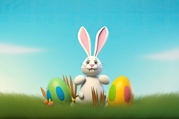 cute bunny holding a colorful Easter egg in a sunny field