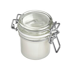 Glass jar isolated on white background with clipping path. Clear transparent airtight preserve container with metal clamp. Filled with yoghurt white cream cosmetic product