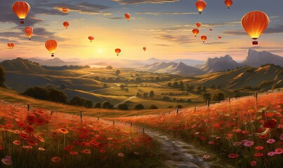  a painting of a sunset with hot air balloons flying over a field of flowers and hills and a path leading to a path leading to a hill.  generative ai