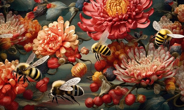  a painting of bees and flowers on a black background with a blue sky in the back ground and a yellow and red flower in the middle of the picture.  generative ai