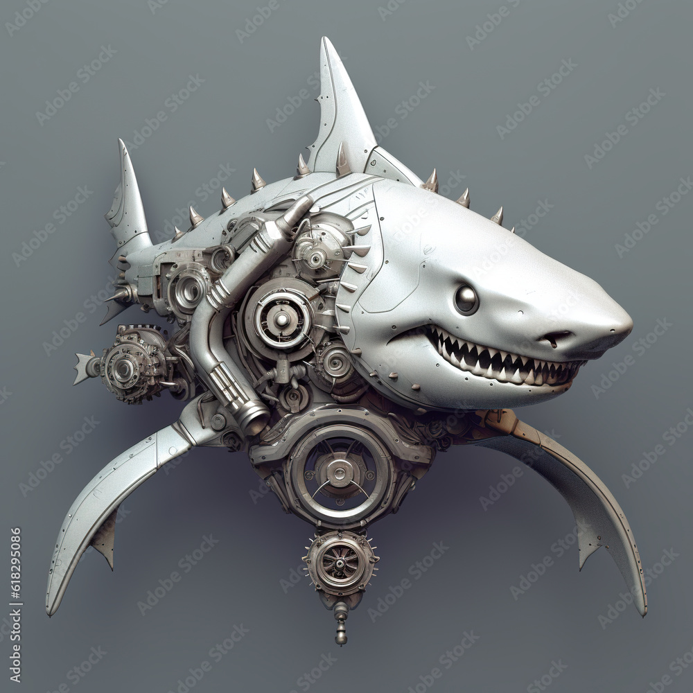 Poster a metal shark head with gears attached to it. generative ai. mechanical creature.