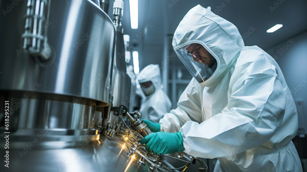 Poster a man in a white lab coat working on a machine. generative ai. unrecognisable workers in protective 
