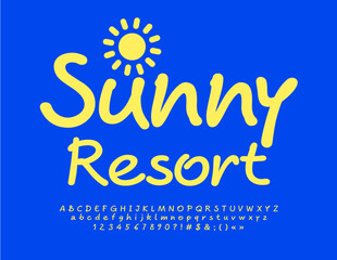 Vector touristic sign Sunny Resort with decoration. Yellow handwritten Font. Creative Alphabet Letters, Numbers and Symbols set