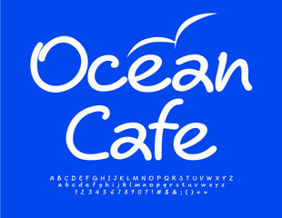 Vector business logo Ocean Cafe. Decorative white Font. Handwritten Alphabet Letters, Numbers and Symbols set