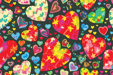Abstract vector pattern with hearts in rainbow colors. 
An ornament with
elements of the lgbt community.	