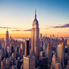 Fototapeta premium A vibrant, bustling cityscape of the Empire State Building and other iconic skyscrapers in the heart of New York City, illuminated by the setting sun. 