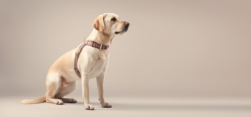 Light-colored Labrador guide dog. Adult purebred dog wearing harness standing sideways isolated on a flat beige background with copy space. Generative AI photo, banner template.
