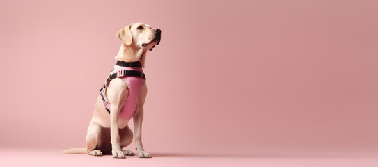 Light-colored Labrador guide dog. Adult purebred dog wearing harness standing sideways isolated on a flat pink background with copy space. Generative AI photo, banner template. - obrazy, fototapety, plakaty
