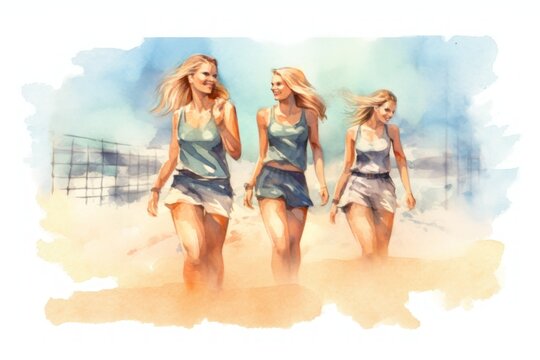 Watercolour drawings of girls playing volleyball on the beach. generative AI