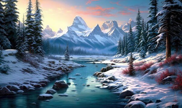  a painting of a snowy mountain landscape with a river running through the middle of it and trees in the foreground and a sunset in the background.  generative ai