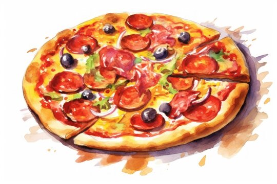 Colourful hand drawn pizza and drinks, restaurant themed work. oil painting, tshirt, sublimation printing. Watercolour Paint. Generative AI
