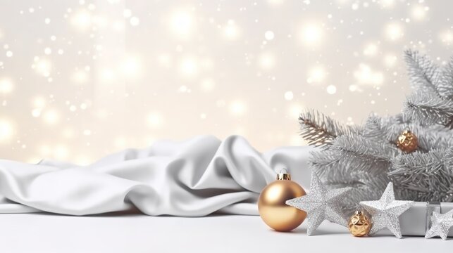 Christmas silver banner with gift box, stars and snowflakes, with copy space for text
