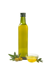 Bottle of fresh olive oil and olives with leaves isolated on white background. Delicious olive oil in a glass bottle. olive oil bottle. Salad dressing. Oil for frying.