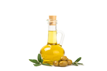 Bottle of fresh olive oil and olives with leaves isolated on white background. Delicious olive oil...