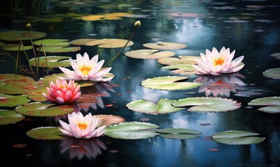  a painting of water lilies in a pond with lily pads in the foreground and a blue sky in the background with clouds in the background.  generative ai