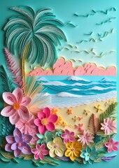 Fototapeta na wymiar Bright colorful tropical illustration of the sand beach with palm trees, flowers, ocean. Summer vacation background for banner, poster, flauer. Paper quilling style. Ai generated