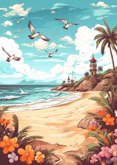 Fototapeta na wymiar Bright colorful tropical illustration of the sand beach with palm trees, flowers, ocean. Summer vacation background for banner, poster, flauer. Ai generated