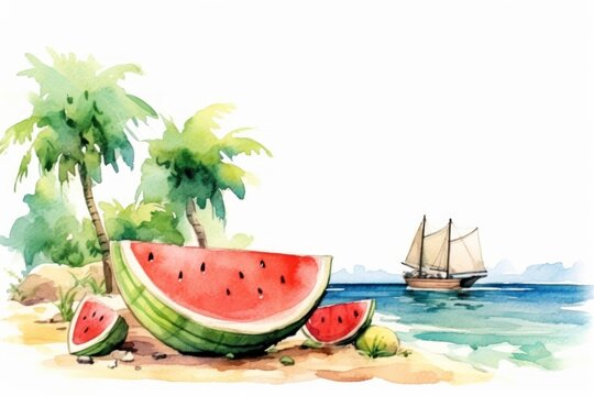Hand-drawn watermelons and holiday-themed details. oil painting, tshirt, sublimation printing. Watercolour Paint. Generative AI
