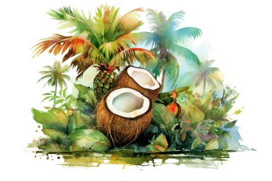 hand drawn coconut and tropical island, holiday concept greeting card. oil painting, tshirt, sublimation printing. Watercolour Paint. Generative AI