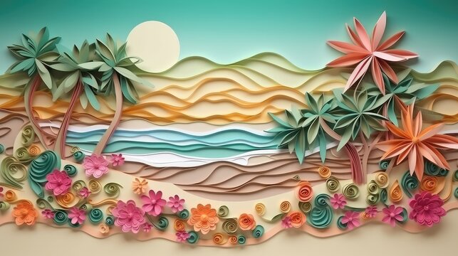 Bright colorful tropical illustration of the sand beach with palm trees, flowers, ocean. Summer vacation background for banner, poster, flauer. Paper quilling style. Ai generated