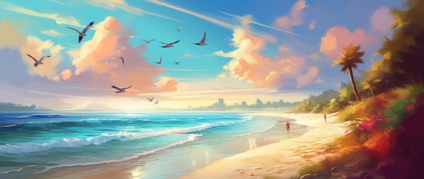 Bright colorful tropical illustration of the sand beach with palm trees, flowers, ocean. Summer vacation background for banner, poster, flauer. Ai generated