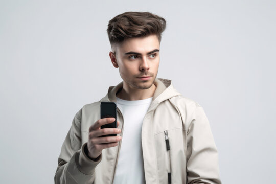 Young man with smartphone looking at camera