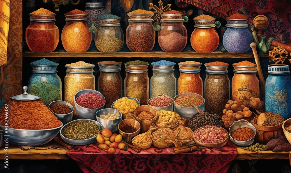 Poster a painting of a shelf filled with lots of different types of spices and nuts and nuts in bowls and j