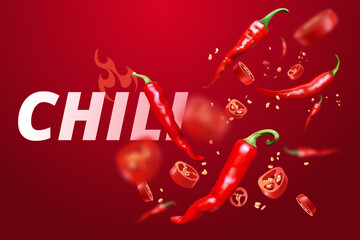 Falling red chili peppers on red background. Banner design with explosion of spicy pepper and place for your text. Realistic style. Ideal for ads, packaging, website. Vector illustration. - obrazy, fototapety, plakaty