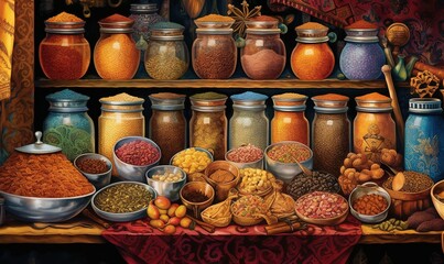 Obraz na płótnie Canvas a painting of a shelf filled with lots of different types of spices and nuts and nuts in bowls and jars on top of a red table cloth. generative ai