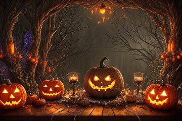 Pumpkin lanterns with sinister smiles. Halloween illustration. Ai generative.