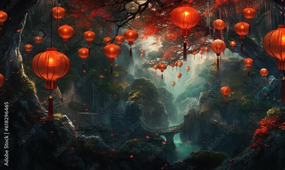 Poster a painting of a forest with lanterns hanging from the trees and a bridge in the middle of the forest
