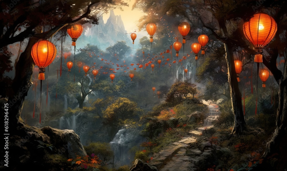 Poster a painting of a forest with lanterns hanging from the trees and a path leading to a waterfall with a