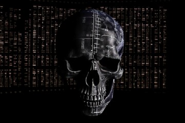 human skull with binary code, A Captivating Visual Composition: A Dark and Lighted Screen with a Silhouette of a Skull, Illuminated by Intricate Computer Code