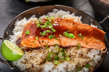 Delicious Top Close-Up of Pan-Fried Salmon Steak with Teriyaki Sauce on Steamed White Rice, Presented in 4K Visual Splendor
