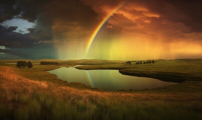  a rainbow appears over a grassy field with a lake and trees in the foreground, and a dark sky with a rainbow in the background.  generative ai