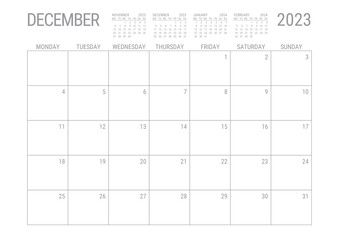 December Calendar 2023 Monthly Planner Printable A4 Monday Start - obrazy, fototapety, plakaty