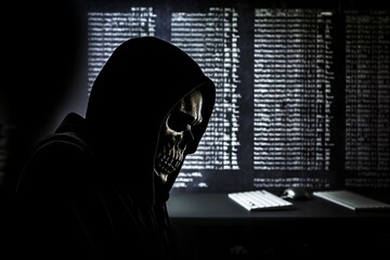 human skull with binary code, A Captivating Visual Composition: A Dark and Lighted Screen with a Silhouette of a Skull, Illuminated by Intricate Computer Code