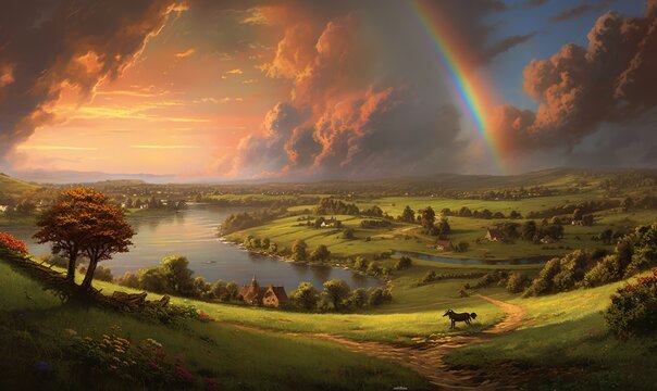  a painting of a rainbow in the sky over a lake and a horse in a field with a rainbow in the sky and a rainbow in the distance.  generative ai