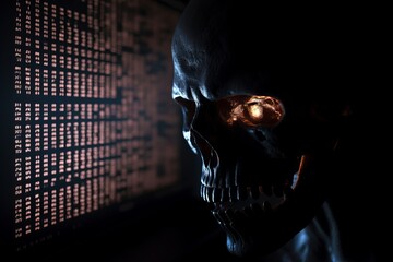 human skull with binary code, A Captivating Visual Composition: A Dark and Lighted Screen with a Silhouette of a Skull, Illuminated by Intricate Computer Code