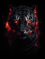 portrait of a black tiger with red eyes and red outline dark background generative ai